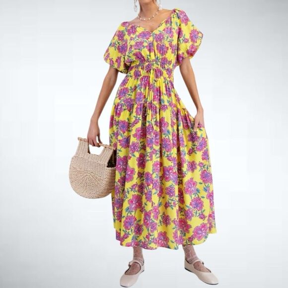 Size S Easel Los Angeles Boho Peach Blossom Floral Maxi Dress in Yellow - Picture 2 of 8